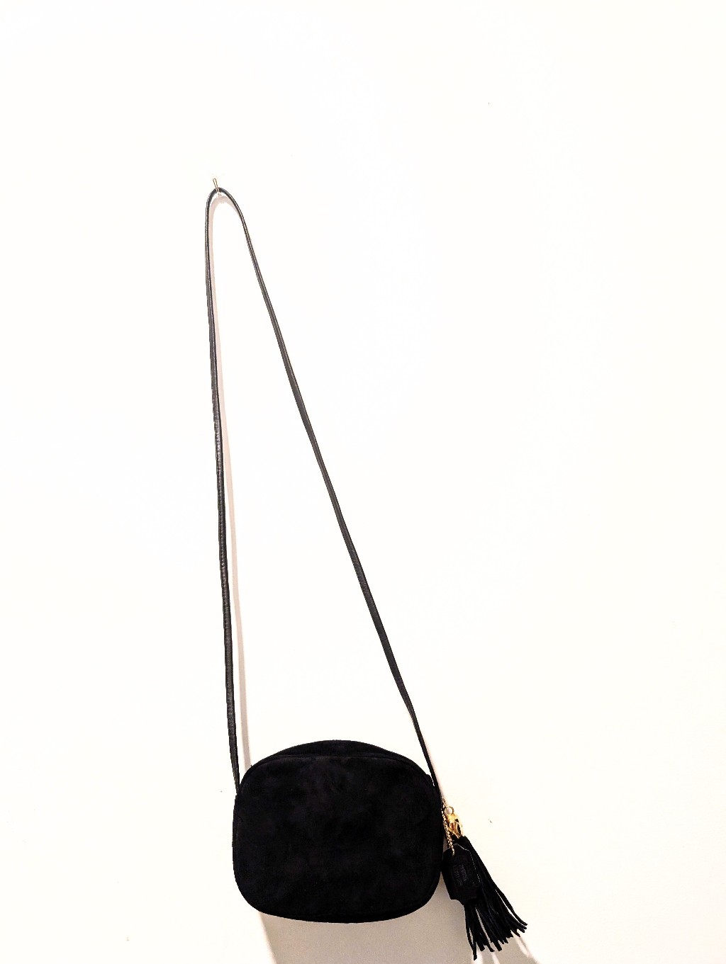 Vintage Hastings Smith Black Suede Leather Camera Crossbody Gold Tassell Bag